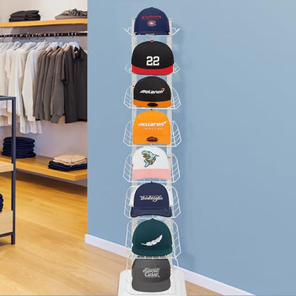 Hat Display 8 Tier, Hat Rack Stand Up to 64 Caps, Metal Hat Stands for Multiple Hats, Commercial Retail Hats Display, White - color: White