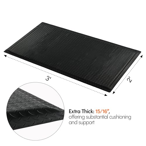 Nisorpa Anti Fatigue Mats Industrial 2' x 3' Ergonomic Standing Mat 15/16" Extra Thick Heavy Duty Commercial Diamond Plate Shop Floor Mat Support for Leg & Back Pain, Black - size: 2' x 3'