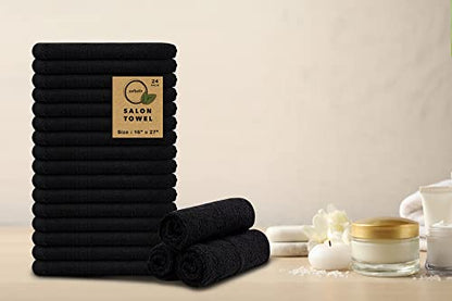 Salon Towels – Pack of 24 (16"x27") 100% Cotton Ring Spun (Not Bleach Proof) Ultra Soft, Highly Absorbent Hand Towels – Bulk for Spa, Gym & Salon (Black) - color: Black