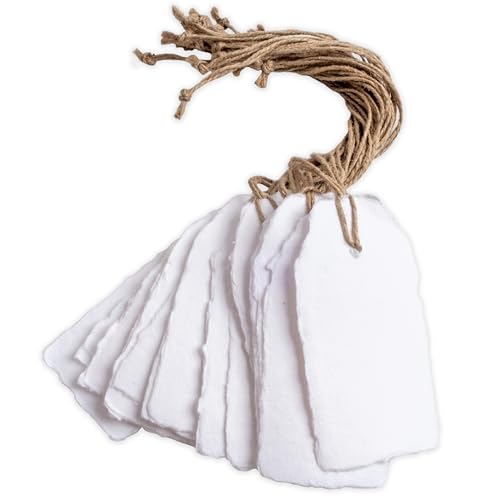 Wanderings Handmade White Deckled Edge Tags with String - 2" x 4" (5 x 10cm) - Pack of 25 – Price or Gift Tags, Arts, Crafts, Place Cards, Name Cards - Cold Press Thick 150 GSM - color: White Deckle