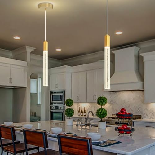 Modern Gold Crystal Column Pendant Light, Dimmable LED Chandelier, Adjustable Hanging Pendant Lighting for Kitchen Island - color: Gold, size: 1-Light