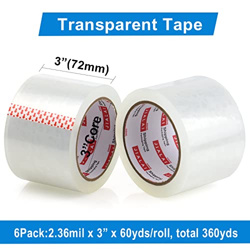 JIALAI HOME 3" Heavy Duty Packing Tape 6 Rolls, Total 360Y - 3 inch x 65 Yards, 2.4 mil Thick, Clear 3 Inch Wide Packaging Tape for Shipping, Mailing, Moving & Storage