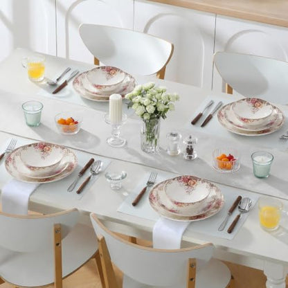 Bone China Dinnerware Set for 4, 12 Pcs Floral Plates and Bowls, Rose Bloom - color: Blush rose