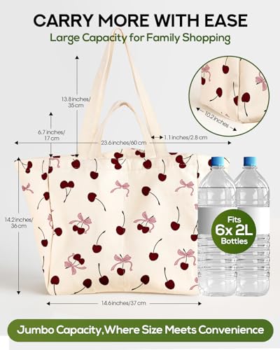 Miss Adola Extra Large Canvas Grocery Tote Bag - color: Cherry Bow