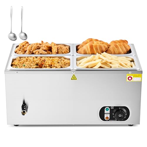 WILPREP Commercial Food Warmer with Four 1/4 Pans, 1500W Countertop Electric Steam Table, 86-185°F Adjustable Temp Control & Over-Temp Protection, Stainless Steel Buffet Bain Marie - size: 1/4 pan*4
