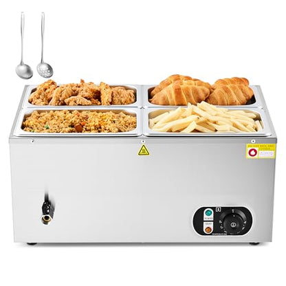 WILPREP Commercial Food Warmer with Four 1/4 Pans, 1500W Countertop Electric Steam Table, 86-185°F Adjustable Temp Control & Over-Temp Protection, Stainless Steel Buffet Bain Marie - size: 1/4 pan*4