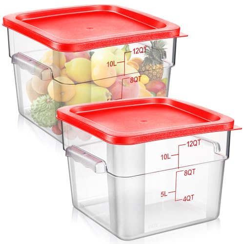 Suclain 2 Pcs Square Food Storage Container Polycarbonate Clear Food Container with Lid Commercial Rice Storage with Graduations for Commercial Kitchen(12 Qt,Red) - color: Red, size: 12 Qt