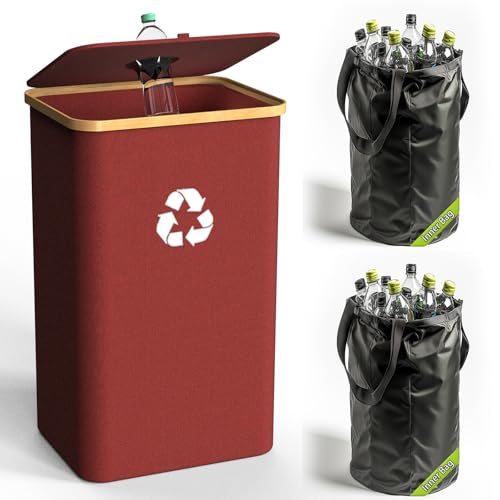 Recycling Bin for Kitchen Indoor Home, Large 100L/ 26 Gallon Recycle Bin with Lid Removeable Reusable Inner Bag Bottle Can Glass Waste Plastice Stickers (Red, 26 Gallon) - size: Red-26Gallon
