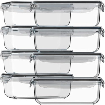 Razab 16 Pc (Set of 8) 30 Oz Glass Meal Prep Containers with Lids, Airtight Large Glass Food Storage Containers, Reusable Leak Proof BPA Free, Freezer to Oven and Dishwasher Safe - color: Black