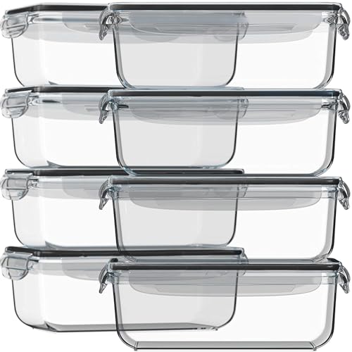 Razab 16 Pc (Set of 8) 30 Oz Glass Meal Prep Containers with Lids, Airtight Large Glass Food Storage Containers, Reusable Leak Proof BPA Free, Freezer to Oven and Dishwasher Safe - color: Black
