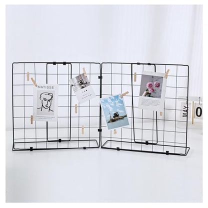 Photo Display Rack, Note Display Rack, Double-sided Photo Metal Rack, Suitable for Use As a Home Desk Photo Organizer, With 20 Wooden Clips, Black - color: Two Grid-Black