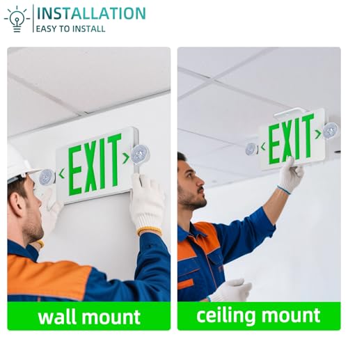 Green LED Exit Sign Emergency Light Combo UL, 4 Pack - color: White Housing+Green Letter+Light, size: 4 Pack