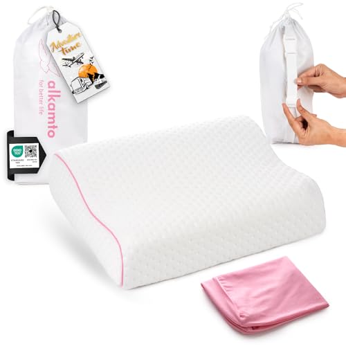 alkamto Travel & Camping Comfortable Memory Foam Pillow – Easy to Carry Portable Bag – Temperature Regulating Pillow Case - size: 13.7 x 11.8 x 3.9 / 3.14 In - Pink + Extra Cover