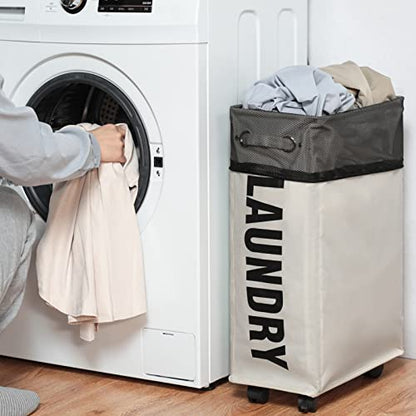 DOKEHOM 52L Slim Rolling Laundry Basket Hamper, Narrow on Wheels, Beige - color: Beige/M, size: 52L/Slim