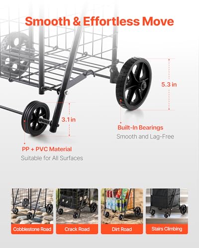 VEVOR Shopping Cart, Folding Grocery Utility Cart with Swivel Wheels, 90 LBS Large Load Capacity, Heavy Duty Rolling Laundry Basket Butler for Laundry, Shopping, Camping, Grocery, Luggage, Black - size: Small