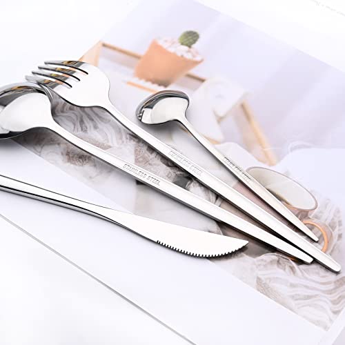 24-Piece Mirror Silver Polished Flatware, 18/0 Stainless Steel Dinnerware Set Include Knife Fork Spoon Teaspoon Cutlery Set For Home Restaurant and Party Service For 6, Dishwasher Safe - color: Silver