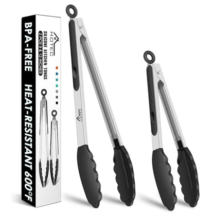 HOTEC Stainless Steel Kitchen Tongs with Silicone Tips, Set of 2-9" and 12" - color: Black:12+9inch