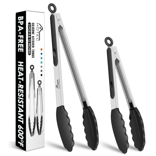 HOTEC Stainless Steel Kitchen Tongs with Silicone Tips, Set of 2-9" and 12" - color: Black:12+9inch