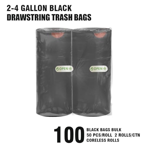 BEIDOU-PAC 2-4 Gallon Trash Bags Drawstring, 100 Count Bulk, Black & Unscented Small Multi-purpose Garbage Bags for Business Home Bathroom Kitchen Commercial and Industrial - style: 2-4 Gallon |100 Count