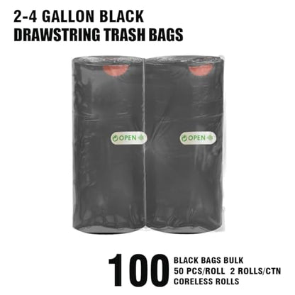 BEIDOU-PAC 2-4 Gallon Trash Bags Drawstring, 100 Count Bulk, Black & Unscented Small Multi-purpose Garbage Bags for Business Home Bathroom Kitchen Commercial and Industrial - style: 2-4 Gallon |100 Count
