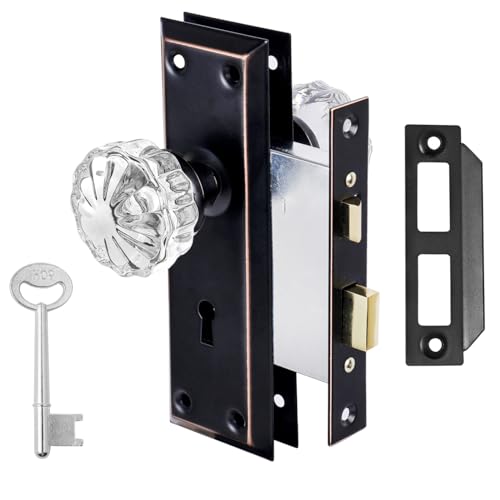 Mortise Lock Set for Interior Door, Crystal Glass Door Knobs with Lock and Skeleton Key, Old Door Knob Replacement, Vintage Antique Door Handle,Classic Oil Rubbed Bronze Finish - color: Oil Rubbed Bronze, size: Mortise(1 Pack)
