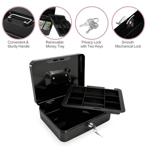 8" Cash Box with Money Tray, Black, Medium - color: Black, size: Medium