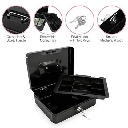 8" Cash Box with Money Tray, Black, Medium - color: Black, size: Medium