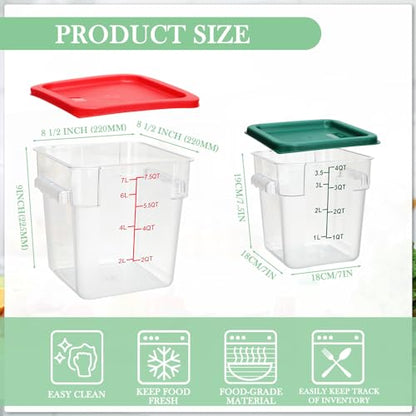 Lallisa 4 Pcs 8qt & 4qt Clear Food Storage Containers with Lids Handles and Scales, Stackable Plastic Square Food Storage Containers for Dough Proofing Baking Kitchen Restaurant(Red, Green) - color: Red, Green