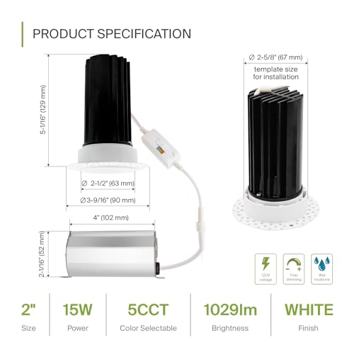 ASD 2 Inch Trimless LED Recessed Ceiling Light Fixture, Mud-in Canless Downlight with Junction Box, 5CCT Selectable 2700K-5000K, 15W 1029 Lumens, CRI90+, Anti-Glare, Dimmable, IC & Wet Rated, ETL - color: White 1 Pack, size: 2" 15 Watt
