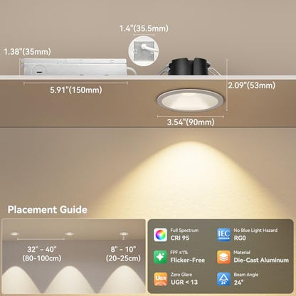CycevSun 3 Inch Deep Anti-Glare COB LED Recessed Lights Spotlight, 6-Pack - color: White, size: 3 Inch