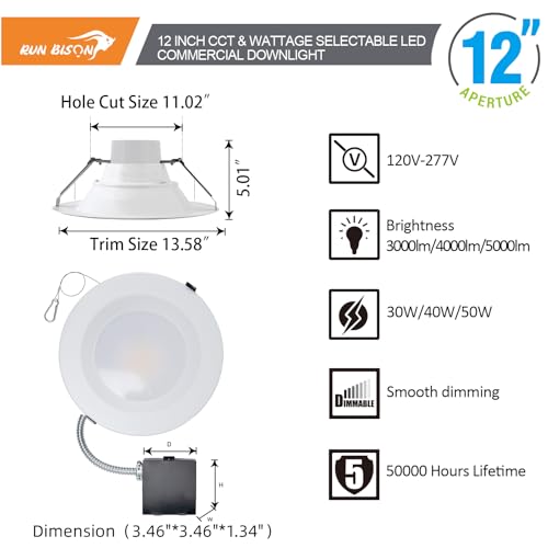 12 Inch Recessed LED Commercial Downlight with J-Box, Wattage Adjustable 30/40/50W,3 Color Selectable 3000K-5000K, 120-277V,0-10V Dimmable,IC Rated,Canless LED Downlight,ETL Listed-24PK - color: 24PK, size: 12 inch