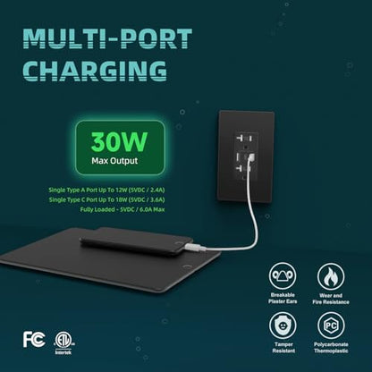 TOPELER Black USB Wall Charger Outlets, 6.0A/30W Wall Receptacle w/USB-C&A - color: Black, size: 20A