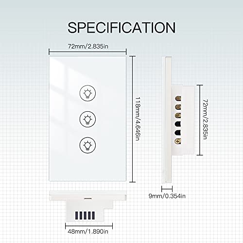 MOES Triple Dimmer Switch for LED Lights, Full Range Dimming, WiFi Smart Light Switch Neutral Wire Required, Single Pole, 300W INC, 75W LED/CFL, Smart Life/Tuya APP Remote Control - color: White, size: Triple Dimmer Switch