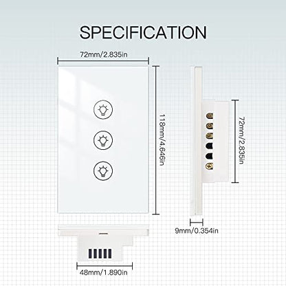 MOES Triple Dimmer Switch for LED Lights, Full Range Dimming, WiFi Smart Light Switch Neutral Wire Required, Single Pole, 300W INC, 75W LED/CFL, Smart Life/Tuya APP Remote Control - color: White, size: Triple Dimmer Switch