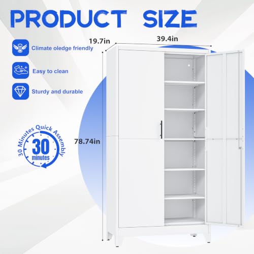 GAIOUS 79" Tall Metal Pantry Storage Cabinet with Lock, File Cabinet White - color: White, size: 19.7"D x 39.4"W x 78.74"H