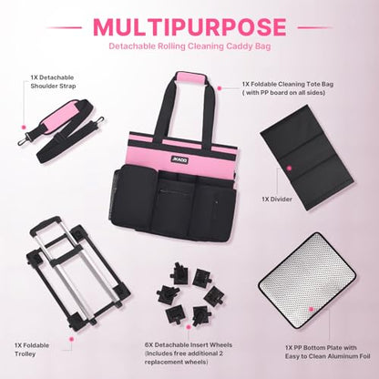 JKAOO Large Rolling Cleaning Caddy Bag with Detachable Trolley, Pink - color: Pink
