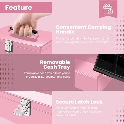 Flexzion Cash Box with Money Tray and Lock - Metal Money Box for Cash Storage with Secure Latch Lock & Key - Pink Petty Cash Box with 7 Compartment Money Tray for Small Businesses, 11x7.7x3.5 Inches - color: Pink