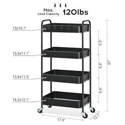 TOOLF 4 Tier Metal Rolling Cart, Utility Storage Cart with Wheels, Black - color: Black, size: 4-Tier