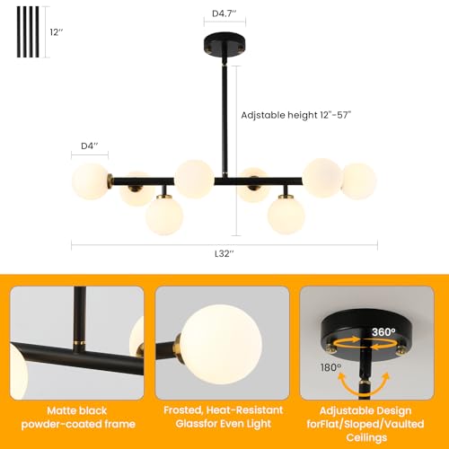 Sputnik Black and Gold Chandelier Pendant Linear Light Modern Mid Century Light Fixture White Globe Shade for Dining Living Room Kitchen Island 8-Light - color: BlackGold-31in
