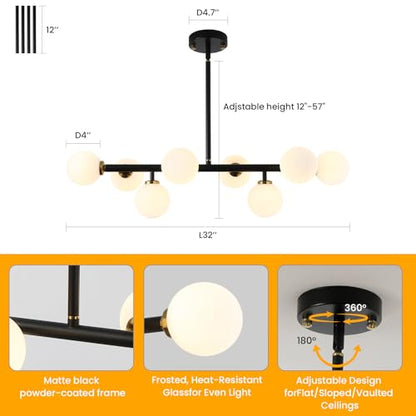 Sputnik Black and Gold Chandelier Pendant Linear Light Modern Mid Century Light Fixture White Globe Shade for Dining Living Room Kitchen Island 8-Light - color: BlackGold-31in