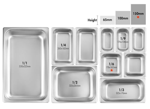 New Star Foodservice 1/6 Size Stainless Steel Steam Table Pan, 7.0 x 6.4 x 6.0 Inches, 18/8 Stainless Steel, 24 Gauge, NSF Certified (Set of 6) - size: 1/6, style: 6" Deep