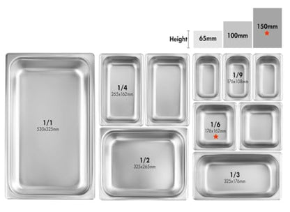 New Star Foodservice 1/6 Size Stainless Steel Steam Table Pan, 7.0 x 6.4 x 6.0 Inches, 18/8 Stainless Steel, 24 Gauge, NSF Certified (Set of 6) - size: 1/6, style: 6" Deep