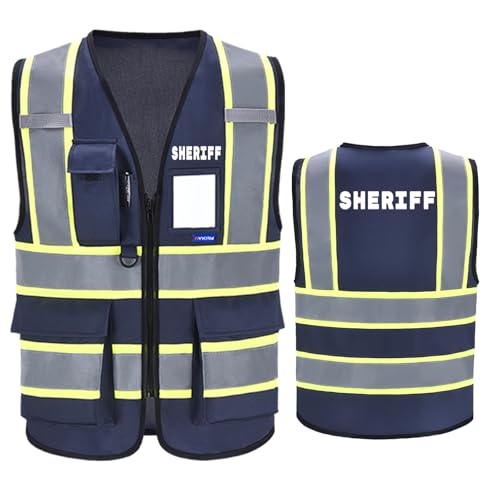 AYKRM Security Vest for Men Women 7 Pockets High Visibility Reflective Safety Vest Front Zipper Meets ANSI/ISEA - color: Navy-sheriff, size: 5X-Large