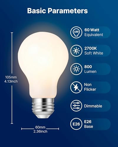 FLSNT A19 LED Bulbs, 7W 60W Equivalent Dimmable 2700K CRI90 E26 Base 8 Pack - color: Frosted 60w 2700k Soft White, size: 8 Count (Pack of 1)