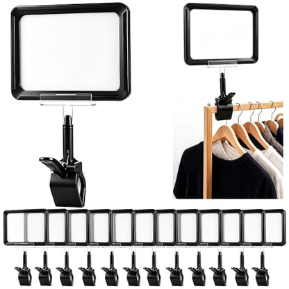 12 Pack Acrylic Sign Holder with Clamp, 6 x 9 Inch Double Head Display Clips with PVC Card Protector, Swivel Sign Holder with Clip for Clothing, Retail Store, Office, Boutique Display