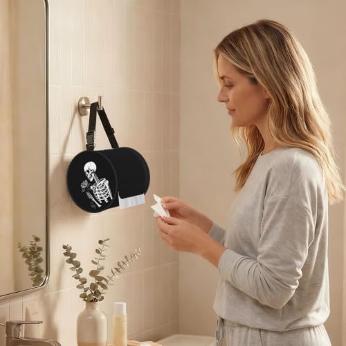 Roses Rock and Roll Skeleton Skull Cylinder Tissue Holder,Toilet Hanging Tissues Box for Bathroom Home Travel - color: Roses Rock and Roll Skeleton Skull