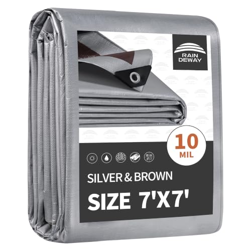 RAINDEWAY 7x7 Feet Tarps Heavy Duty Waterproof,10Mil Multipurpose Tarp - color: Silver/Brown, size: 7x7 Feet-Finished size