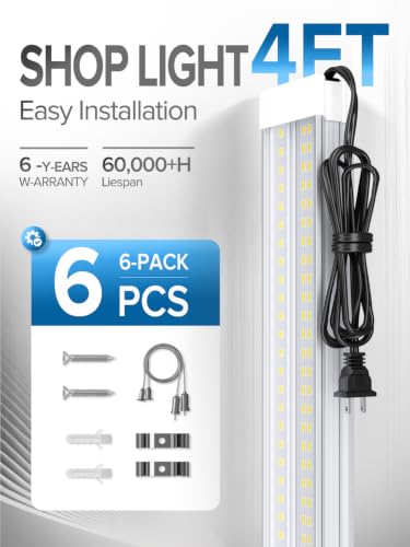 Upgrade Super Bright 6 Pack 60W LED Shop Lights 4FT 9000LM 5000K for Shop - size: 4FT-6PACK