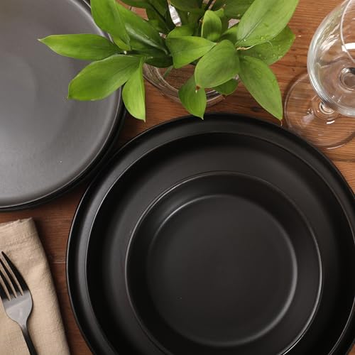 Gibson Elite Bayou Moon Plates and Bowls Sets, 16-Piece Black Matte Stoneware Dinnerware Sets, Solid Color Reactive Glaze Dish Set - color: Matte Black (Bayou Moon)