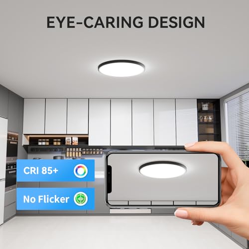 WKONCLDY 3200lm LED Flush Mount Ceiling Light, Super Slim 12 inch LED Ceiling Light, 5000K LED Ceiling Light for Bedroom, Living Room, Dining Room (Black, One Pack) - color: Black, size: 12in-1Pack